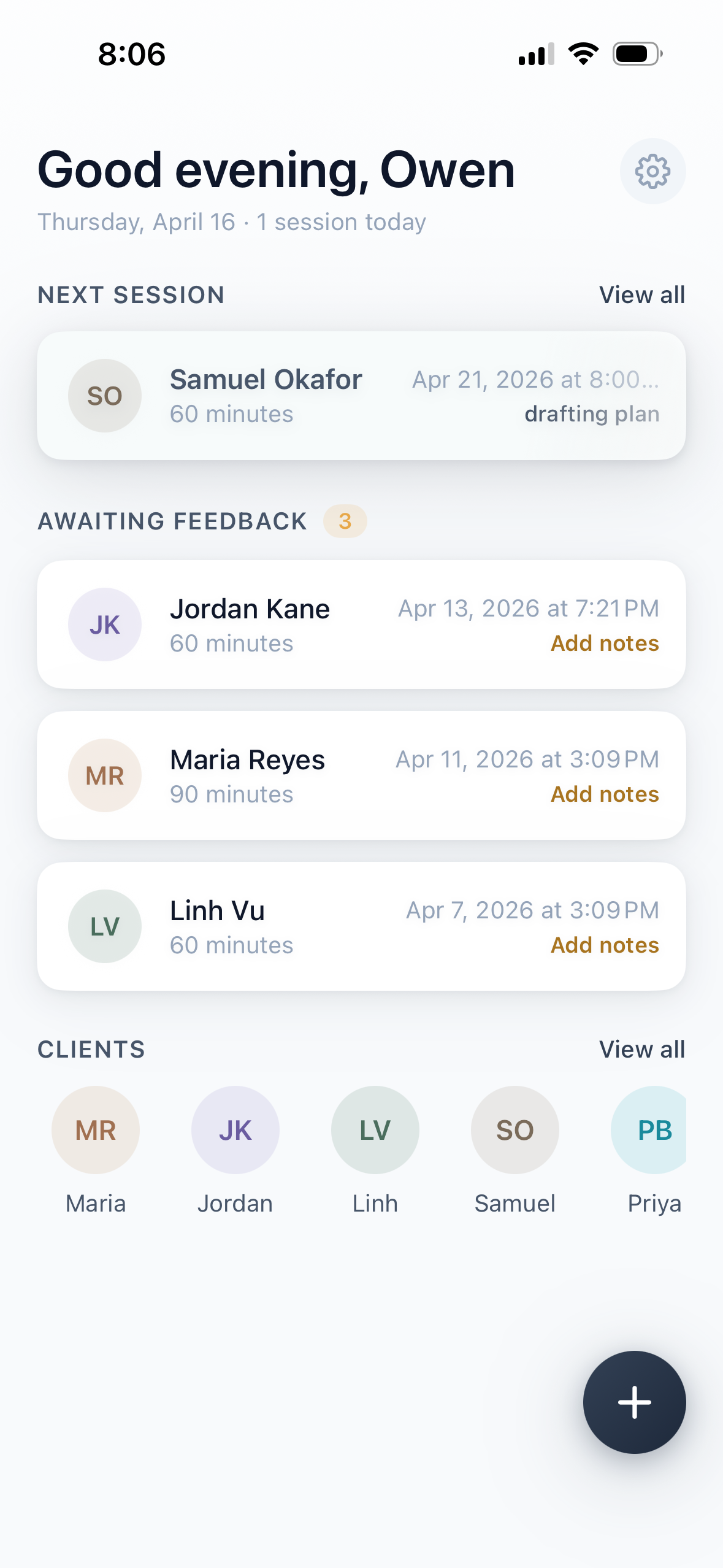 MyoPlan dashboard — today's sessions and clients awaiting feedback